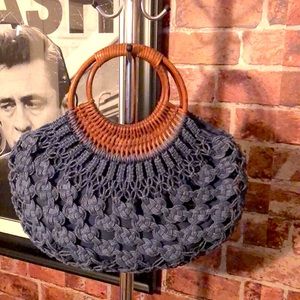 Crochet rope open bag with wicker handles